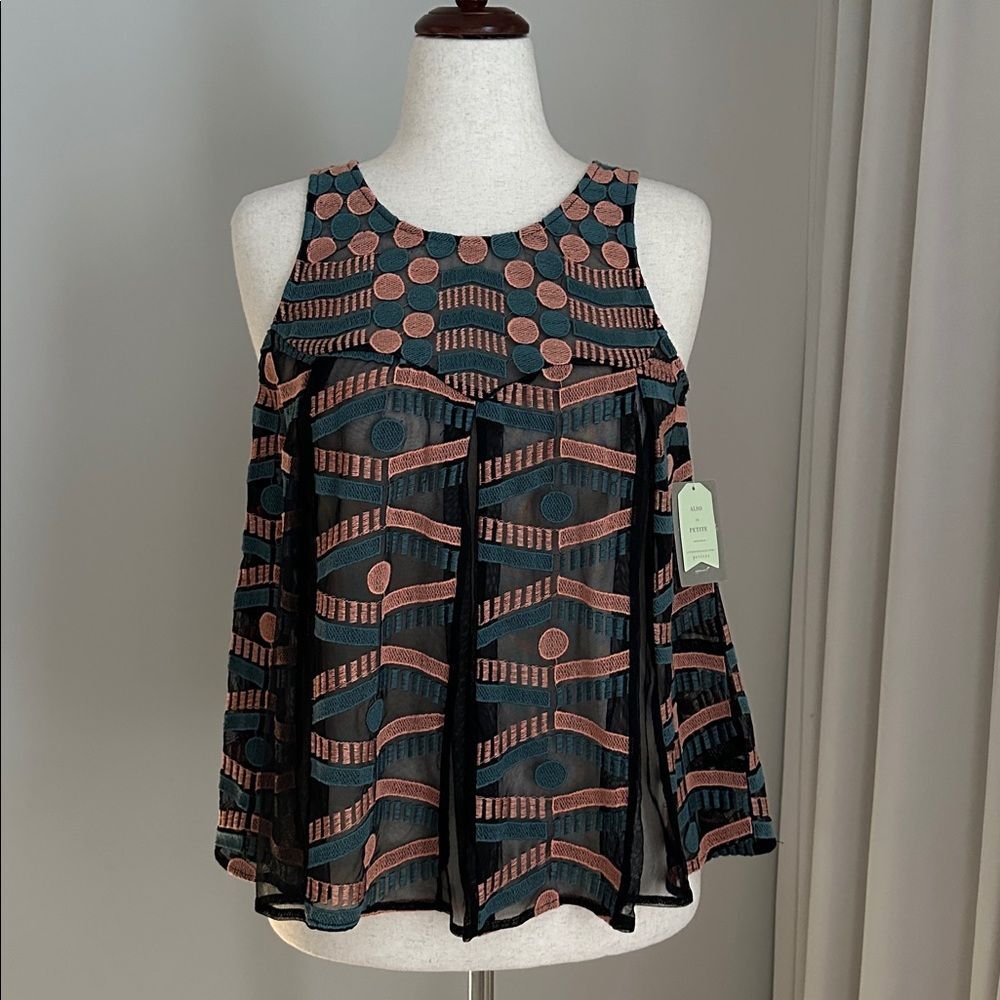 Anthropologie Akemi + Kin Kalila Embroidered Sheer Tank Top Women’s Size S NWT